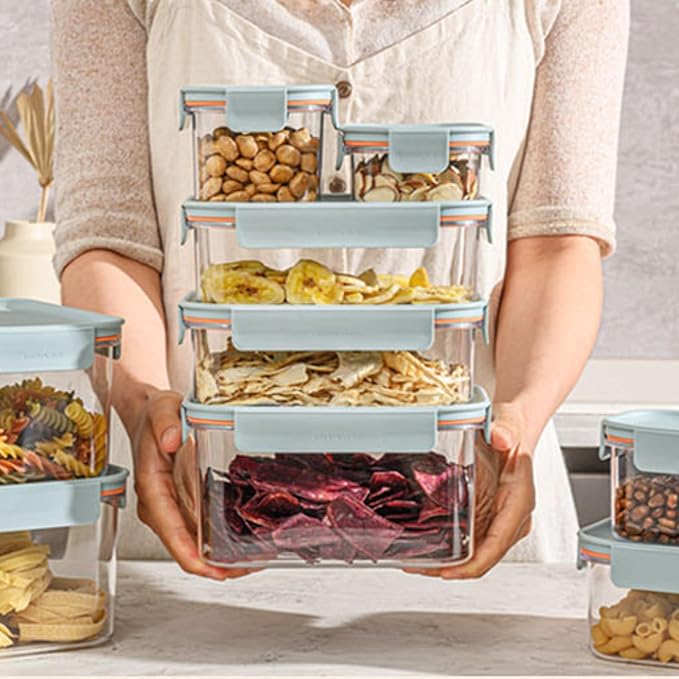 LocknLock LBF405RS7M Bisfree Modular Plus Food Storage Containers for Lunch, Meal Prep, Stackable, BPA-Free, Leakproof, Microwave, Dishwasher, Freezer-Safe, 14 Pieces, 7 Boxes and 7 Lids, Mint, 1.5L