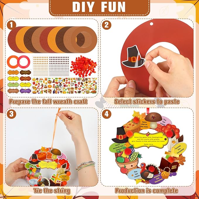 Hollowfly 48 Sets Wreath Craft Kits DIY Wreath Hanging Ornaments Make Your Own Paper Craft with Stickers for Home Party Favors Activities(Christian Thanksgiving)