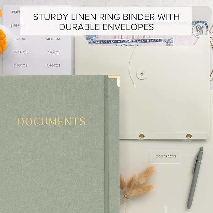 Sturdy Document Organizer Set with Folders - Beautiful Linen 3-Ring Binder Safely Stores All Important Documents & Files in One Place - Easy to Use Expanding Storage Incl. Envelopes, Pockets & Labels