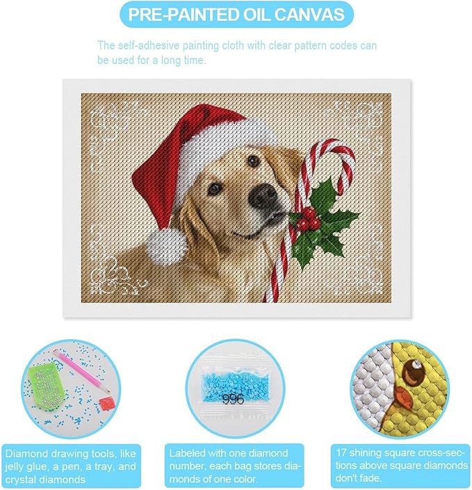 Diamond Painting Kits for Adults - Christmas Golden Retriever Puppy in Santa Hat with Candy Cane Painting DIY 5D Full Drill Diamond Dots Paintings with Diamonds Gem Art And Crafts Home Decor 8"x12"