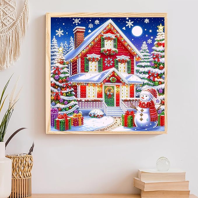5D Snowman Xmas House Special Shape Diamond Art Kits for Beginners, Christmas Winter Theme Diamonds Painting Kits for Adults,DIY Crystal Rhinestones Diamond Paintings for Home Wall Decor 12×12Inch
