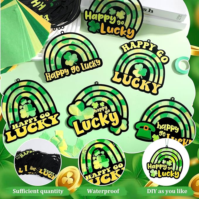Qyeahkj 36 Set St. Patrick's Day Rainbow Suncatchers Crafts for DIY Lucky Rainbow Shamrock Window Tissue Paper Craft Kit Hanging Decor for Home Activity Art Project Birthday Party Favor