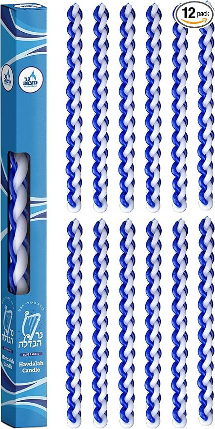 Ner Mitzvah 12-Pack Braided Havdalah Candle - Round Blue and White Paraffin Wax - Handcrafted Havdallah Candle - Shabbat Judaica Gift