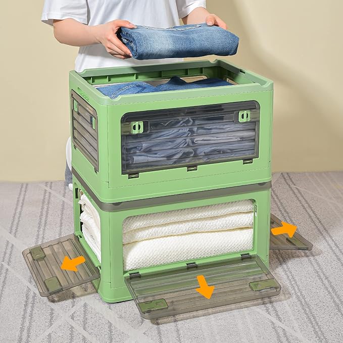 32Qt Plastic Storage Bins with Lid, Collapsible Storage Bins with Wheels, Storage Boxes with 4 Doors, Stackable Storage Bins for Organizing Clothes, Snacks and Camping, 2-Pack (Green)