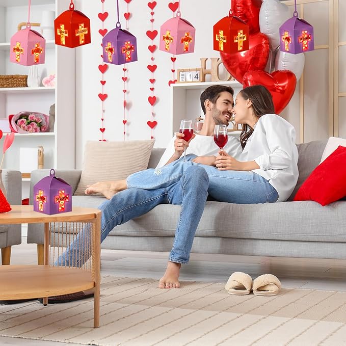 Simgoing 12 Sets Religious Valentine's Day Crafts with LED Candlelight Valentine's Day Cross Tissue Paper Crafts Kits DIY Cross Suncatchers Lanterns Hanging for Sunday School Christian Decoration