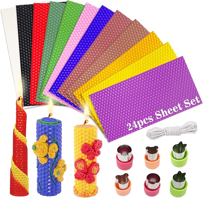 Beeswax Candle Making Kit for Kids - 24Pcs Beeswax Sheets for DIY Candle Making Rolling Kits, DIY Art Craft Gift Kit for Boys and Girls, with 6 Safe Wax Cutter Tools, Vibrant Colors