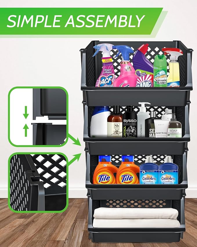 Skywin TidyFriend Plastic Stackable Bins for Pantry, 4 Pack Large Stacking Bins Open Front Kitchen, and Bathroom Organization, Open Front Design (Black)