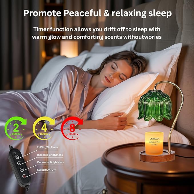 Candle Warmer Lamp with Timer, Dimmable Wax Melt Lamp for Large & Standard Jar Candles, Includes 2 GU10 Bulbs, Elegant Vintage Home Decor Gift for Women & Mom (A1-Green Lotus)
