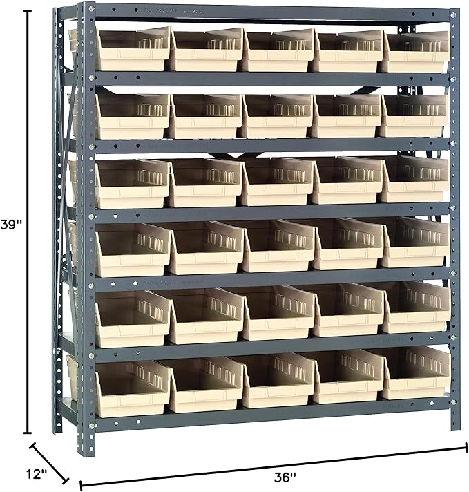 Quantum Storage Systems 1239-102IV Steel Shelving Unit with 4" Shelf Bins, 12" D x 36" W x 39" H, Ivory