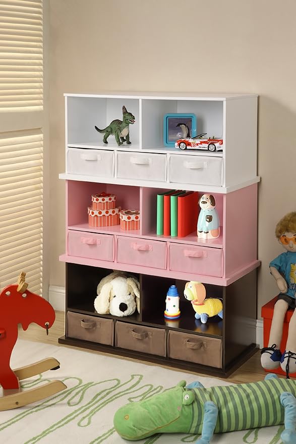 Badger Basket Stackable Toy Storage Organizer - 5-Shelf Modular Unit with 3 Removable Fabric Bins, Solid Panel Construction, Expandable Design for Toys and Crafts - White