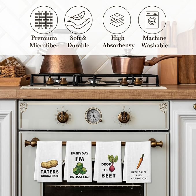 DETIHO Funny Veggie Kitchen Towels, Set of 4 Dish Towels for Washing Drying Dishes, Decorative Hand Tea Towels for Housewarming (A04)