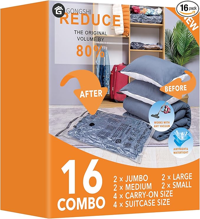 GONGSHI Vacuum Storage Bags, Space Saver Seal Bags For Clothing, Blankets, Comforters, Pillows, Clothes Storage,Travel Luggage.16 Combo