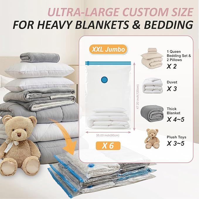 Cozy Essential Vacuum Storage Bags, 80% Compression Vacuum Seal Space Saver Plastic Packaging Bags for Clothes, Blankets, Pillow, Bedding, Comforters, Sealer Clothing Storage,6 XXL Jumbo