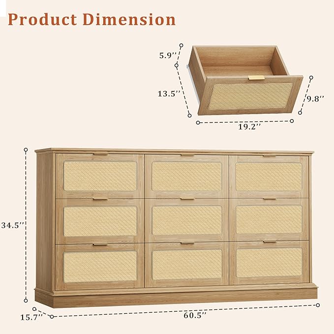 HUAHUU 9 Drawer Dresser for Bedroom, 60 Inch Long Dressers & Rattan Chest of Drawers, Large TV Stand for 55, 65, 70 Inch TV, Boho Style, Modern Dresser for, Living Room, Entryway, Bedroom, Natural Oak
