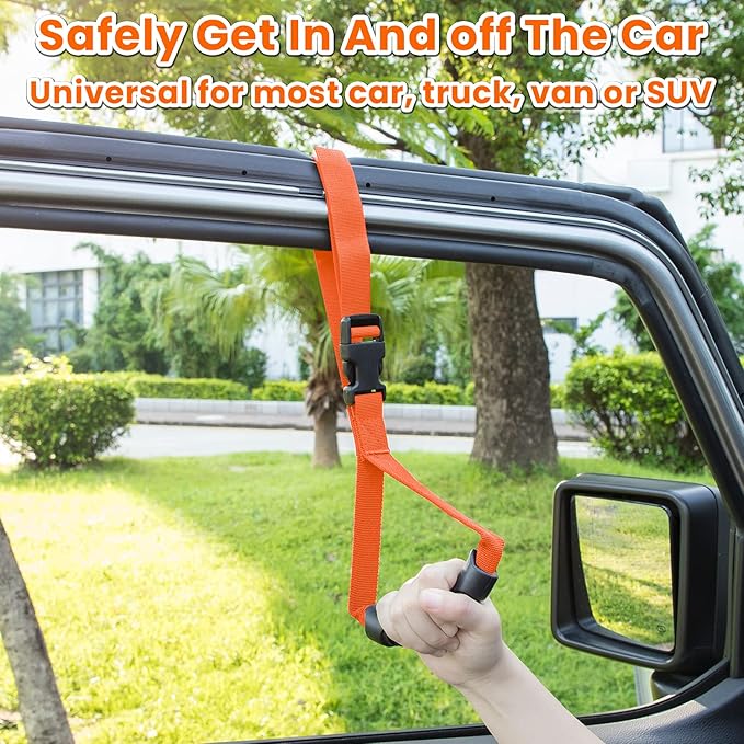 E-cowlboy Auto Cane Grab Handle Adjustable Standing Aid Safety Bar Portable Vehicle Support Grab Bar Nylon Grip Mobility Assist Device (Orange 2 Pack)