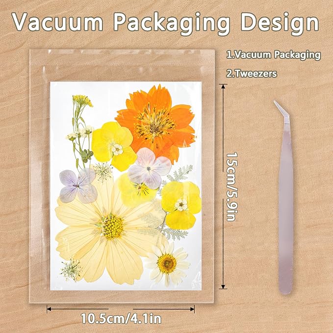 Dried Pressed Flowers Real Pressed Flowers Natural Dry Leaves Bulk Mixed Colorful Herbs Kit with Tweezers for Scrapbooking DIY Candle Jewelry Crafts Making Nails
