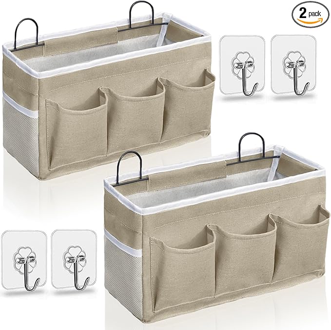 Kanrichu 2pcs Light-Style Wall Hanging Storage Bag, Linen Fabric Door Hanging Organizer Baskets with Pockets, Waterproof Bin for Bedroom, Kitchen, Office, RV Camper (LightKaki-2pcs)