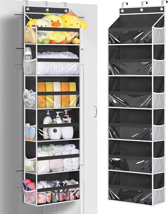 MISSLO Back of Door Storage Organizer Hanging with 6 Large Pockets 12 Side Pockets Closet Door Organizer Baby Organization for Bathroom, Pantry, Bedroom, Nursery, Clothes, Toys, Diapers, Black