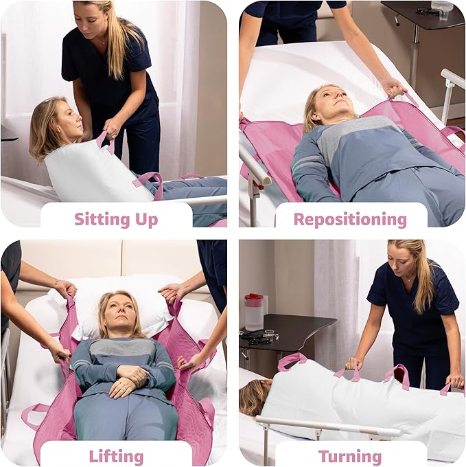 Improvia Positioning Bed Pad, with 8 Reinforced Handles, Quick-Drying, Washable, Waterproof, for Lifting, Turning, Transfering, Elderly and Incontinence Patients (Pink, 34" x 52" - Pack of 1)