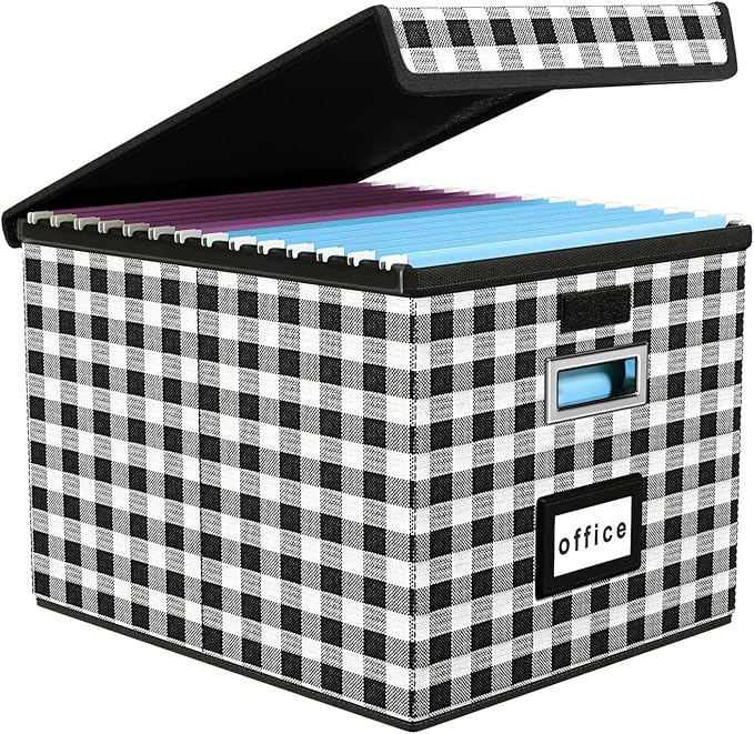 Huolewa File Organizer Box with Lid, Collapsible File Folder Organizer for Office Document Storage, Filing Box with Plastic Slide for Letter Size Hanging File Folders(1 Pack, Black & White Lattice)