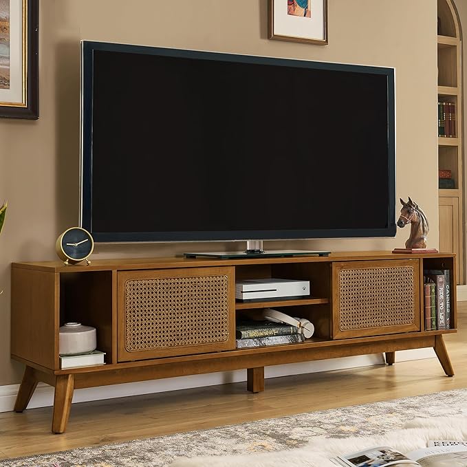 Amposei Mid Century Modern TV Stand Entertainment Center for 65/70/75 inch TVs, Sliding Rattan Door Wooden Console Storage Cabinet with Wood Legs for Living Room, Light Walnut