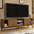Amposei Mid Century Modern TV Stand Entertainment Center for 65/70/75 inch TVs, Sliding Rattan Door Wooden Console Storage Cabinet with Wood Legs for Living Room, Light Walnut