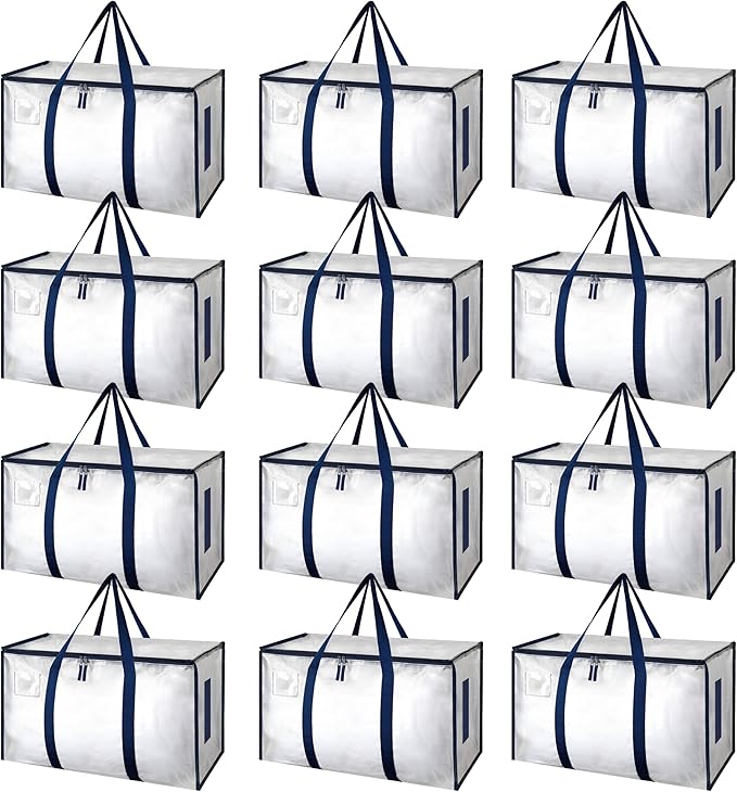 Simple Deluxe 12 Pack Extra Large Moving Bags with Lids, Reinforced Handles and Zippers, Heavy Duty Storage Tote for Moving Travel Camping Space Saving, White