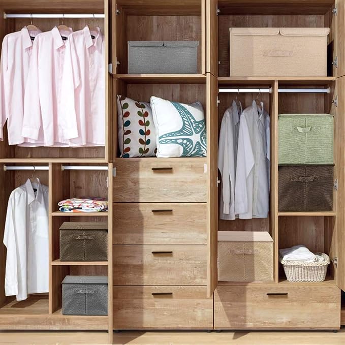 2 Pack Storage Boxes with Lids and Handles, Collapsible Linen Storage Bins Organizer Containers Baskets Cube with Removable Divider for Home Bedroom Closet Office (Cream, Large)