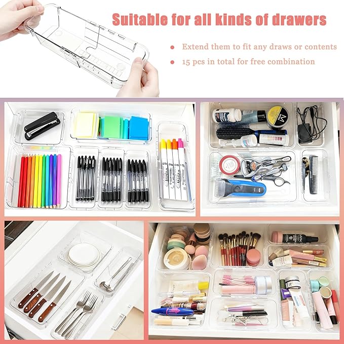 15 Pcs Extendable Drawer Organizer, 2 Sizes Adjustable Makeup Organizer For Drawer, Bathroom Drawer Organizer Tray, Clear Acrylic Vanity Storage Bin for Makeup, Cosmetic, Desk Drawer Organizer