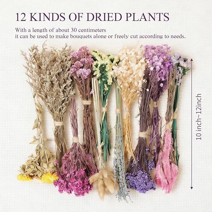 12 Kinds of Handmade Dried Flowers, Natural Pampas Grass, Asters, Love Grass, Rabbit Tail Grass, Lavender, Romantic Wedding Decoration, Festival Gift Home Decoration（Violet Series）