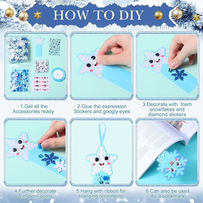 Funrous 48 Sets Winter Crafts Kit Snowflake Bookmarks Bulk DIY Make Your Own Christmas Hanging Ornaments Arts with Pompoms Diamond Stickers for Holiday Classroom Activities Wonderland Party Favors