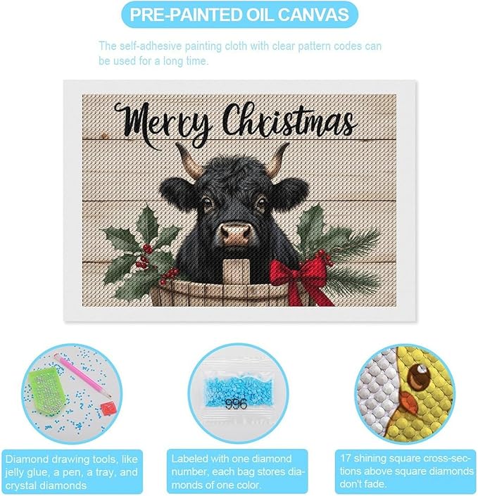 AIVKIEJK Diamond Painting Kits for Adults - Highland Cow Merry Christmas Painting DIY 5D Full Drill Diamond Dots Paintings with Diamonds Gem Art and Crafts Home Decor 8"x12"