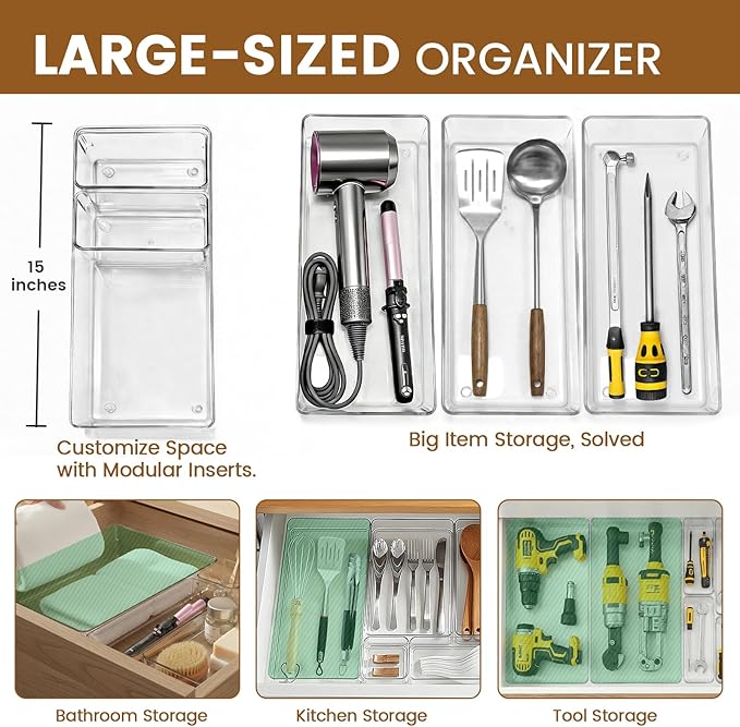 21 PCS Clear Plastic Drawer Organizer Set with 15 Inch Extra Long Bins, 5 Sizes Acrylic Makeup Organizer and Storage Trays, Non Slip Dividers for Vanity, Kitchen and Office