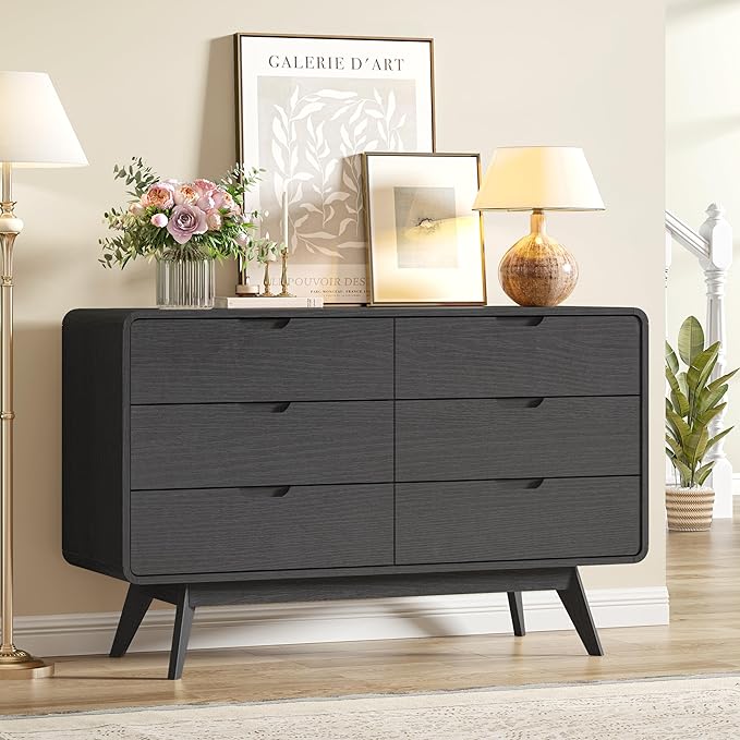 Black Modern 6-Drawer Dresser & TV Stand, 47" Wide Storage Cabinet with Unique Wooden Handles, Mid-Century Style Chest of Drawers for Bedroom, Living Room, Hallway