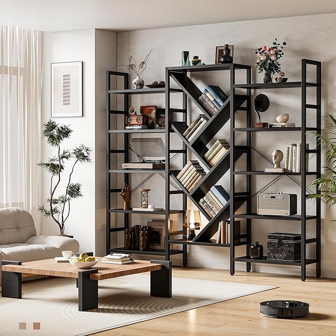 70x70” Triple 5 Tier Book Shelf, Large Wooden Bookcase with 17 Open Display Shelf, Modern Tree Bookshelf Metal Frame Tall Book Case Furniture for Living Room Bedroom Home Office Black