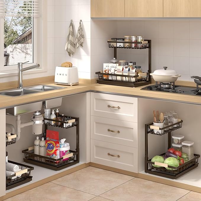 2 Packs Under Sink Organizer, Height Adjustable 2 Tier Under Kitchen Sink Organizer, Multi-Purpose Storage Shelf for Kitchen Bathroom Cabinet (Brown, Extra Large)