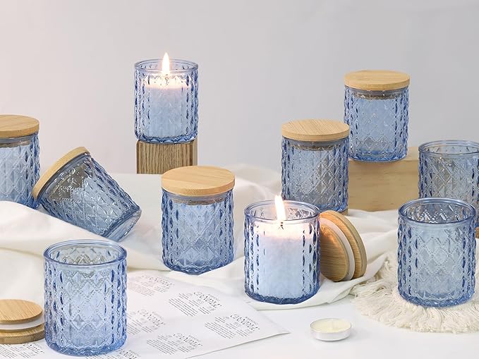 NITIME 15pcs 7.5oz Blue Candle Jars for Making Candles, Glass Candle Vessels with Bamboo Lids and Sticky Labels, Candle Containers for Making Candles and Candle Making Supplies