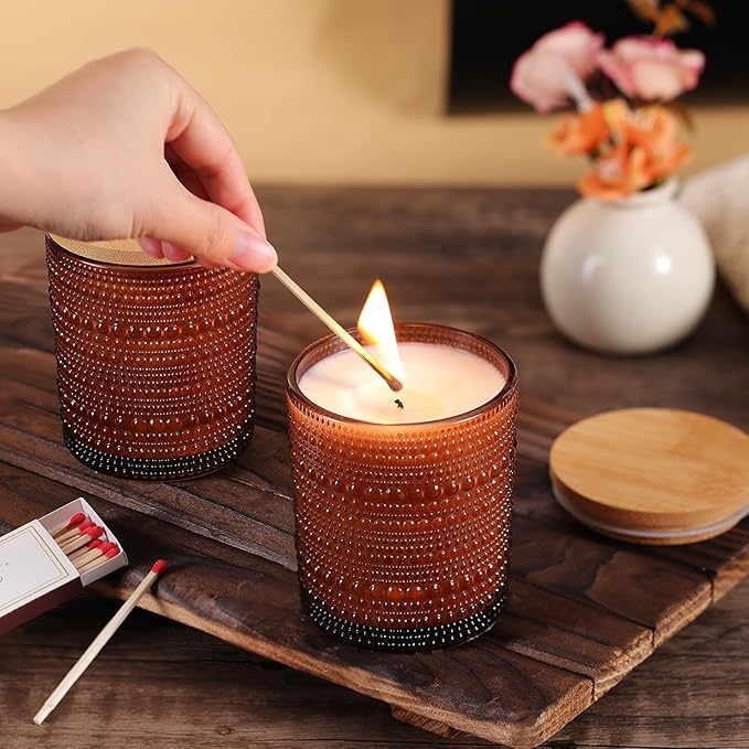 DARJEN 12 Pack Amber Candle Jars for Making Candles- 8 OZ Empty Glass Candle Making Jars with Bamboo Lids and Labels, Candle Containers Candle Making Kits for DIY Gifts