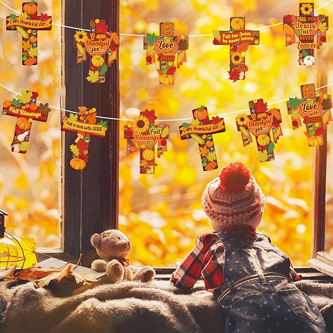 Funrous 48 Sets Fall Christian Kit Bulk Thanksgiving Cross Paper Crafts Religious Jesus Blessing Hanging Ornaments with Glitter Leaf Pompoms Stickers for Sunday School Classroom Activity Church