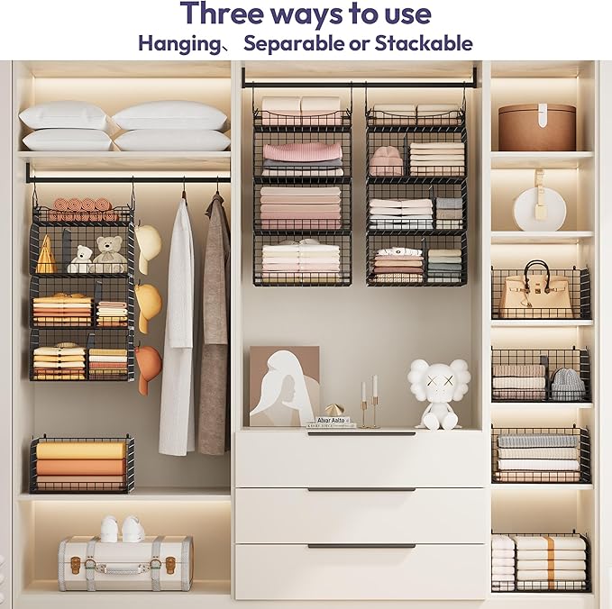 SWTYMIKI Hanging Closet Organizer Storage - 4 Tier Metal Stackable Hanging Closet Shelves with Dividers and S Hooks, Foldable Clothes Shelves for Clothes, Pants, Shoes, Coat, Hats Clutches Accessories