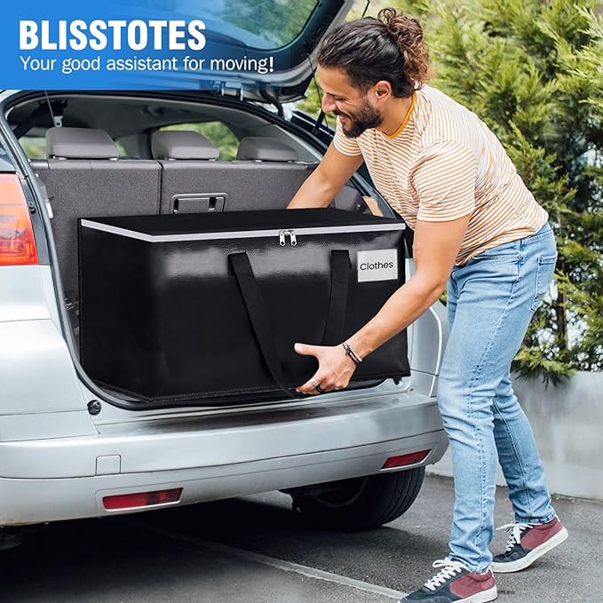BlissTotes Moving Bags, Heavy Duty Moving Boxes with Zippers Top and Sturdy Handles, Storage Bags for Space Saving and Packing, Collapsible Moving Supplies, Storage Totes (93L, 8-Pack, Black)