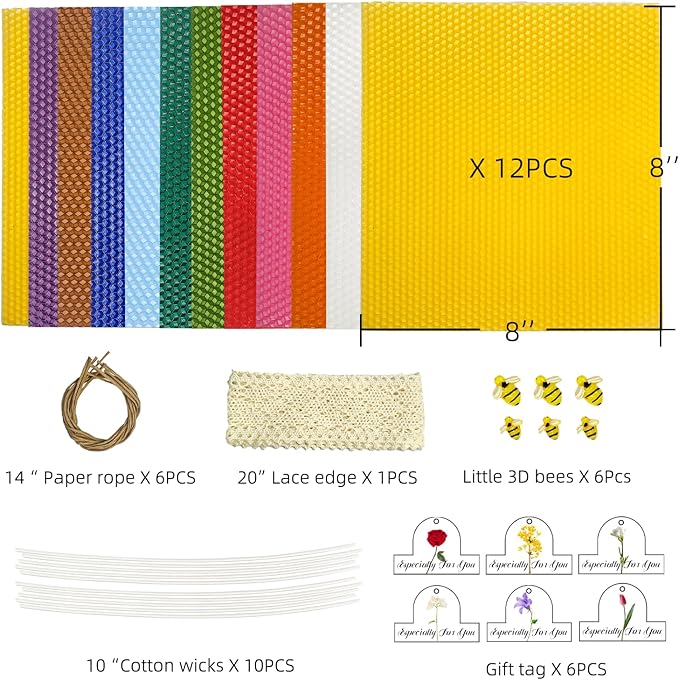 kissingfish Beeswax Candle Making Kit, Colored Beeswax Candle Sheets 12 Pcs, Full DIY Candle Making Kit Include 10 Cotton Candle Wicks,6 Bee Ornaments Decor, 50cm Lace, 6 Gift Tags with Paper Rope