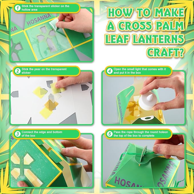Simgoing 12 Sets Palm Sunday Crafts with LED Candles Easter Religious Palm Leaf Cross Tissue Paper Lanterns Craft Kits Sunday School Religious Holy Week Hanging for Easter Party Activities