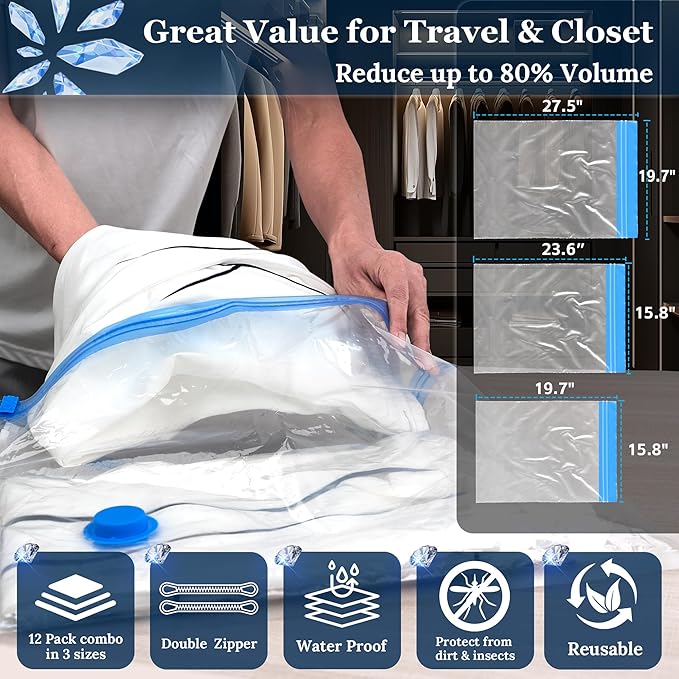 Vacuum Sealing Bags for Clothing Travel,Space Saver Vacuum Storage Bags with Wireless Air Pump (15 Combo Bags+Electric Pump)