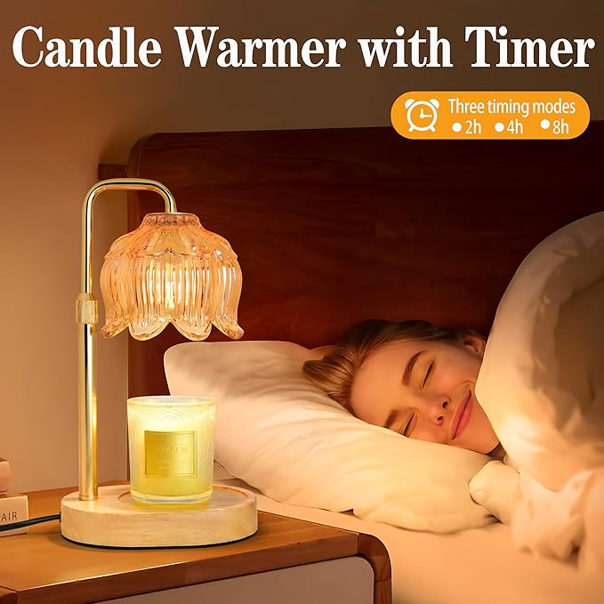 Candle Warmer Lamp with Timer Dimmer, Adjustable Height Candle Wax Warmer, Christmas Birthday Gift for Mom Women, House Warming Gifts for New Home Bedroom Decor, (Lotus Flower-Amber)