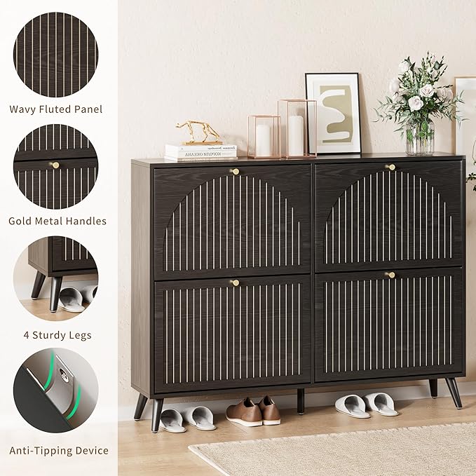 Fsbecl Shoe Storage Cabinet for Entryway with 4 Flip Drawers, Narrow Shoe Organizer with Fluted Panel, Freestanding Wood Hidden Shoe Cabinet (Black, 4 Flip Drawers)
