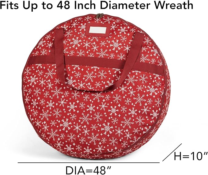 Covermates Keepsakes Wreath Storage Bag – Heavy-Duty Polyester with Buckle Straps & Interior Pouch – Protective Holiday Wreath Organizer with Handles, D-Ring & Label Window, Red Snowflake