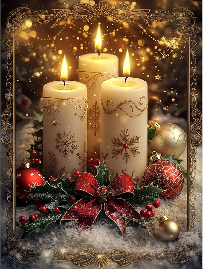 NEWENMO Christmas Diamonds Painting Kits for Adults Beginner DIY 5D Christmas Candles Diamond Art Paint with Round Diamonds, Full Drill Gem Art Diamonds Painting for Craft Home Wall Decor 12x16 Inch