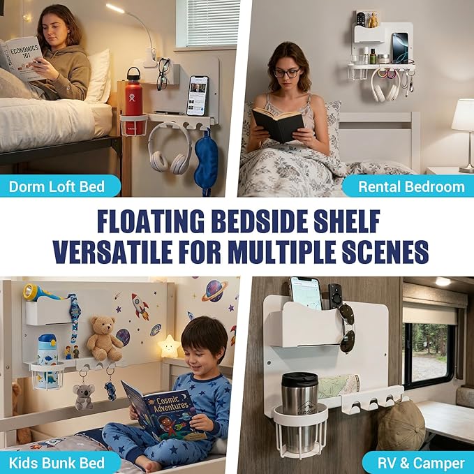 Floating Bedside Shelf & Bedside Wall Organizer, Metal with Detachable Cup Holder, No-Drill Wall Mounted Storage for Bedroom, Dorm, Teen Girls Room, Loft Bed, RV, Bunk Bed & Small Space Organization