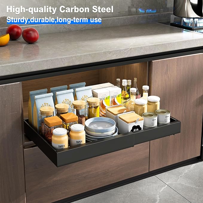 2 Pack Pull Out Cabinet Organizer, Expandable Slide Out Drawers for Kitchen Cabinets Peel and Stick Pullout Drawer Heavy Duty Sliding Shelves for Cupboard, Pantry, Bathroom(16.5" Deep, Black)